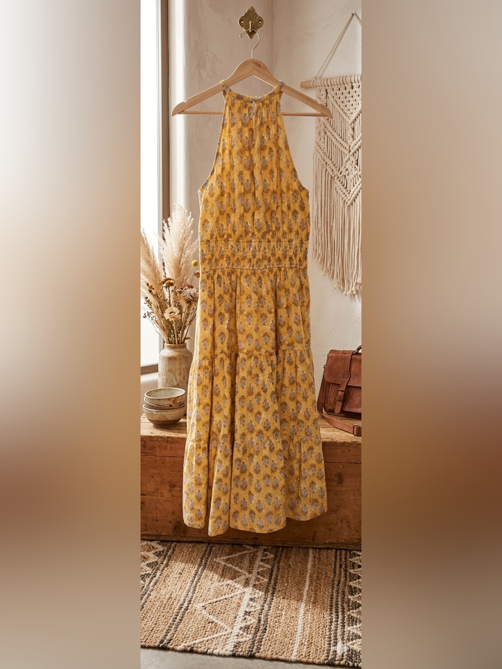 Sunlit Yellow Halter Midi Dress with Smocked Waist